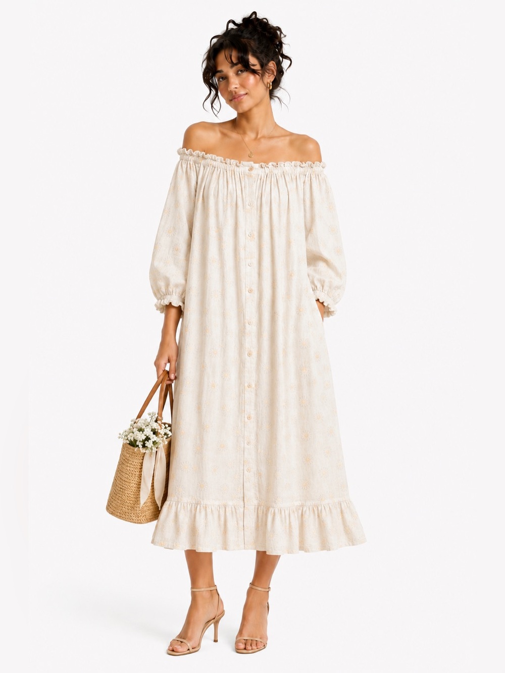Sleeper Floral Loungewear Dress Linen Off Shoulder Midi Size 1 Daisies